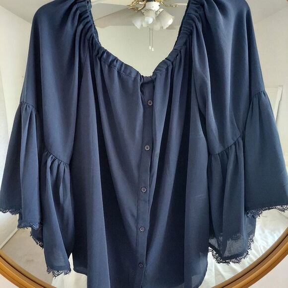 Jealous Tomatoe 0ff- Shoulder Button Down Flare Sleeves Blouse Navy Sz S #0239 - Picture 3 of 5